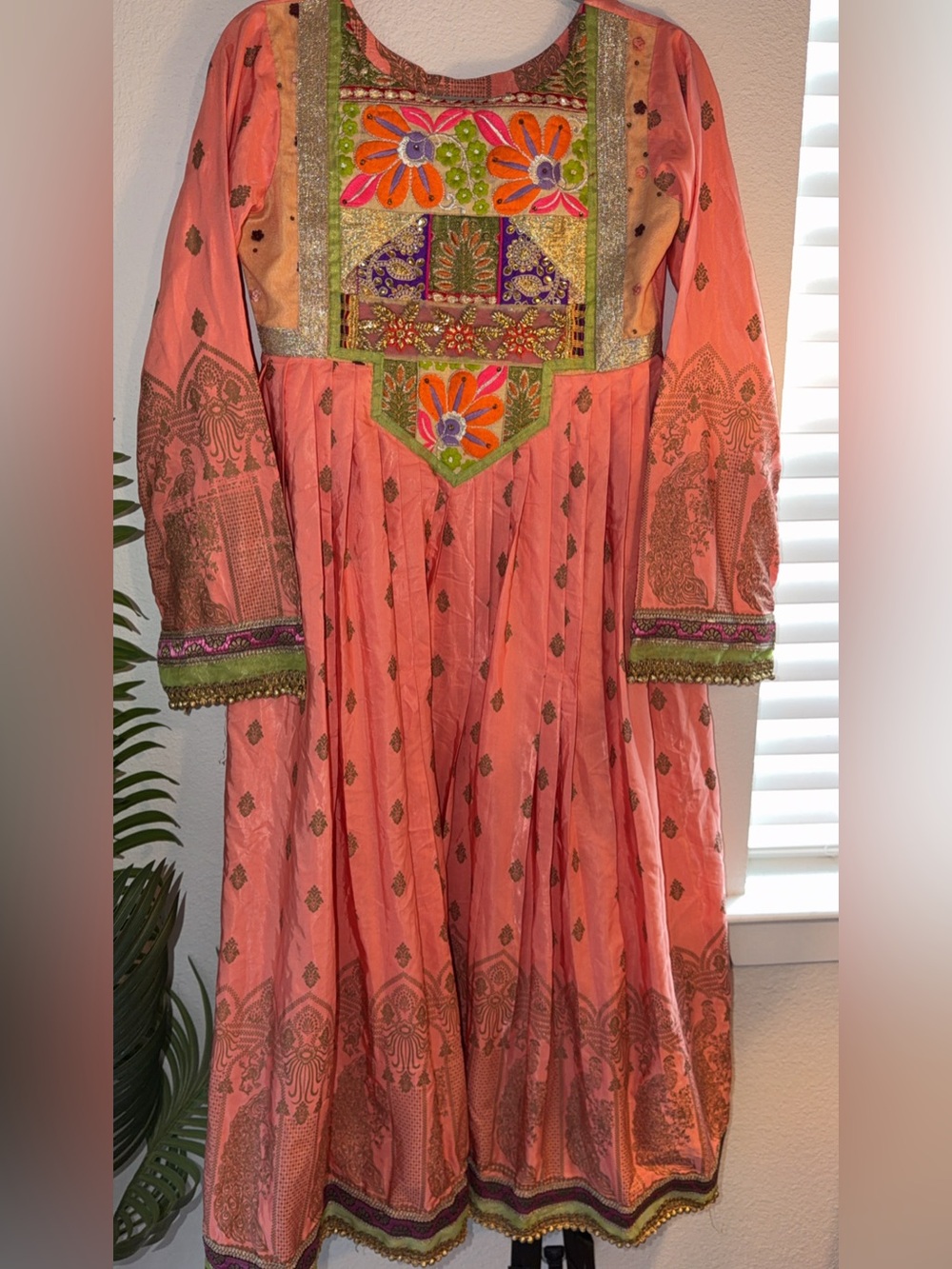 Peach embroidery pishwas with matching trouser